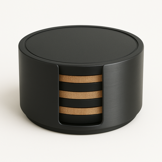 Black coaster set with wooden coasters inside a black holder on a white background