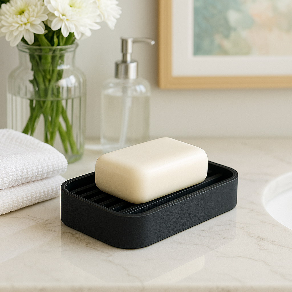 Black soap dish with a bar of soap on a bathroom counter, next to a vase of flowers and a bottle of soap.