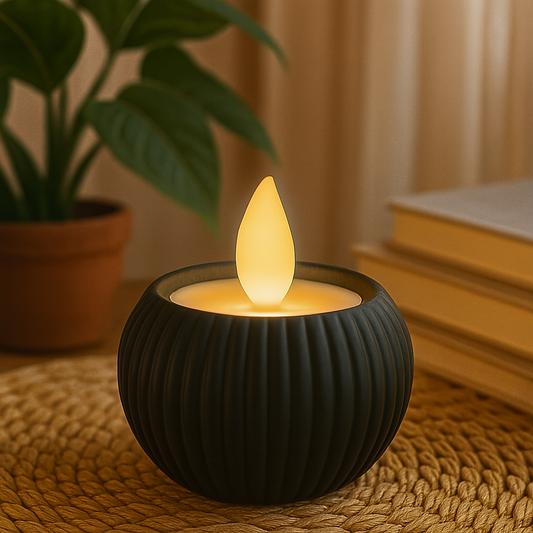 candle holder with a lit candle on a textured surface, plant and books in the background