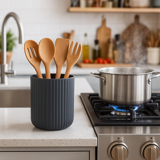 Kitchen scene with a black utensil holder containing wooden spoons and forks, placed on a kitchen counter next to a pot on a stove.
