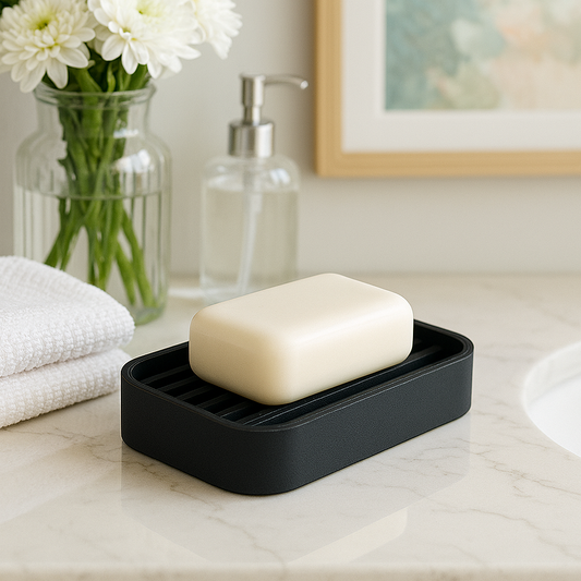 Black soap dish with a bar of soap on a bathroom counter, next to a vase of flowers and a bottle of soap.