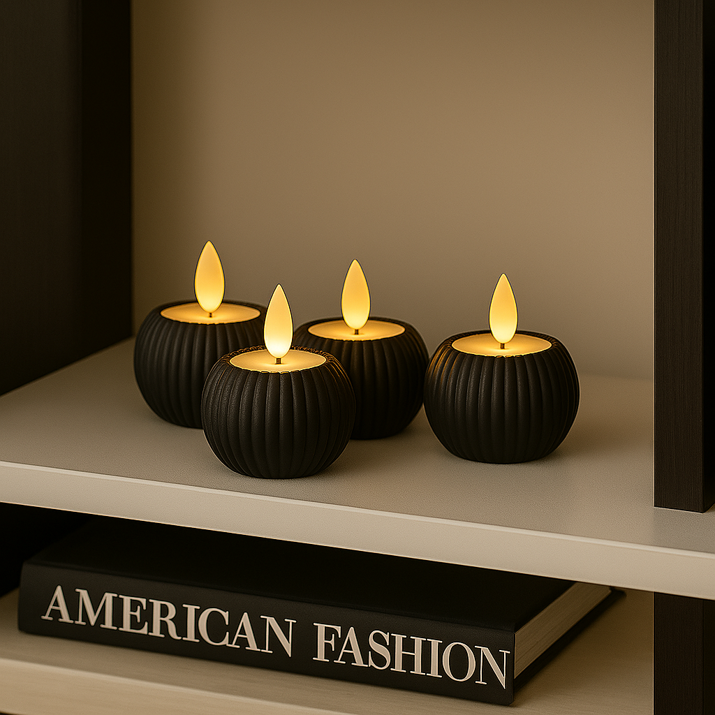 Four black candle-like objects with glowing yellow flames on a shelf.